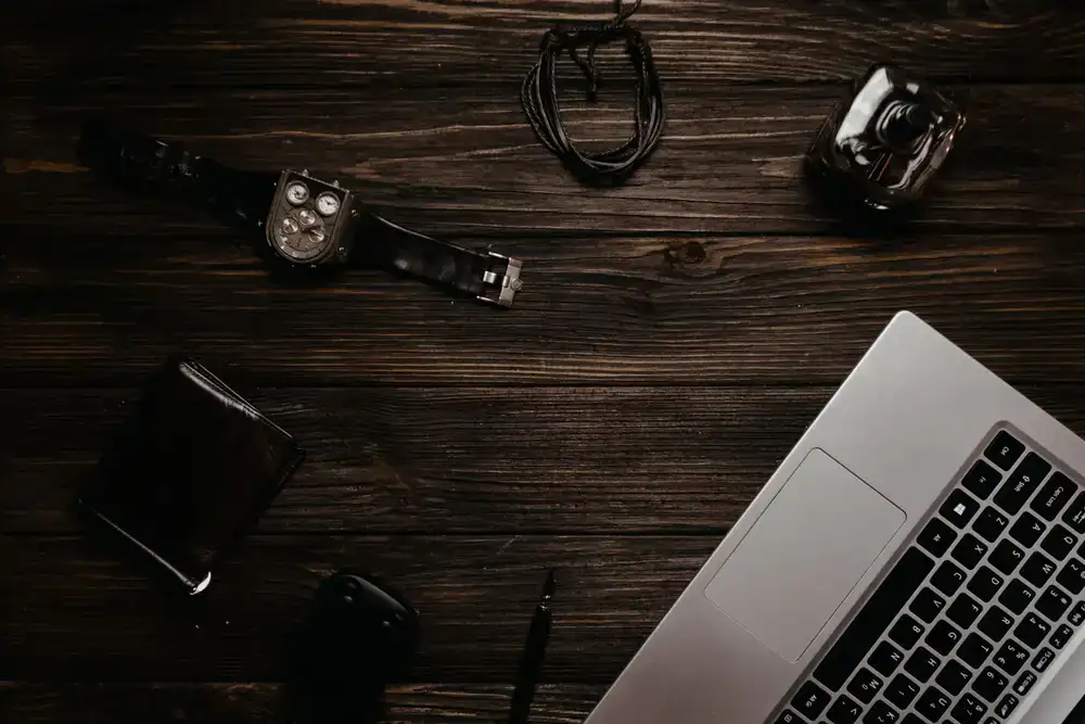 Premium desk accessories arranged elegantly on a dark surface