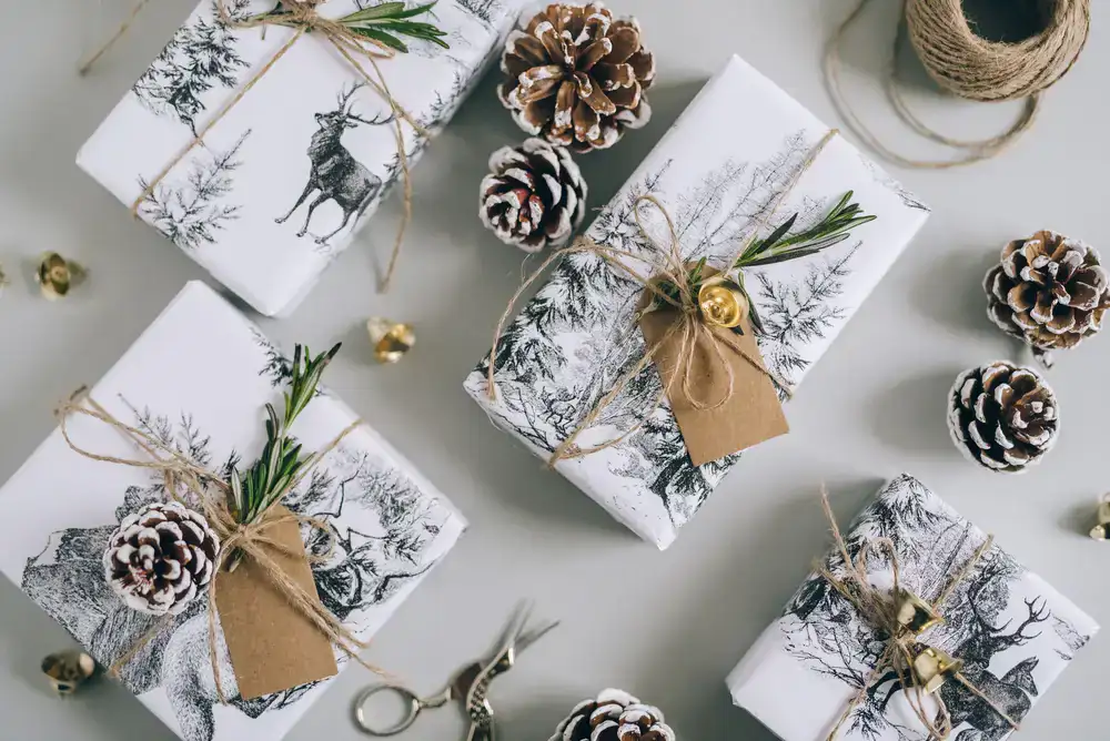 Beautifully wrapped gifts with elegant ribbon and twine